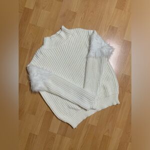 Turtleneck Knit Sweater with fur shoulder accent